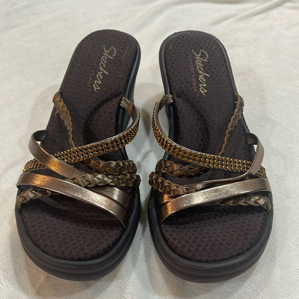 Skechers Cali Women's Rumblers-Social Butterfly Wedge Sandal Bronze Rhinestone 8